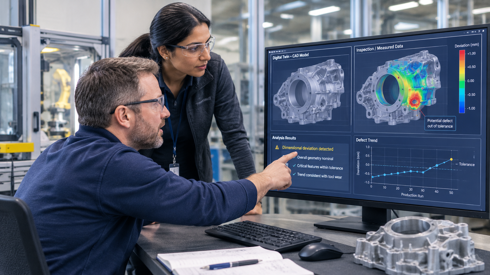 Engineering professionals using a digital twin to analyze manufacturing quality and dimensional defects