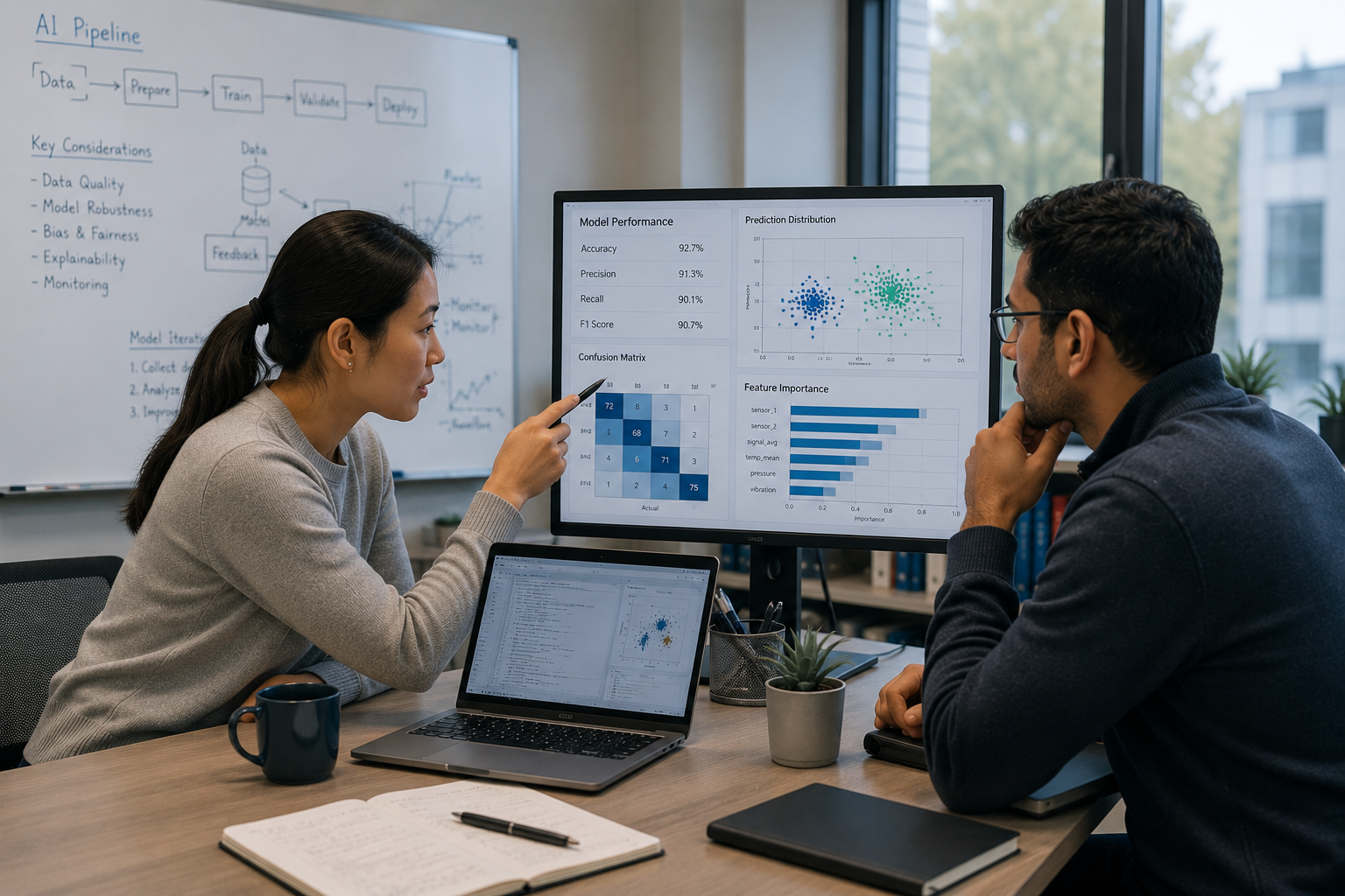 Technology professionals reviewing AI model performance data in a project office