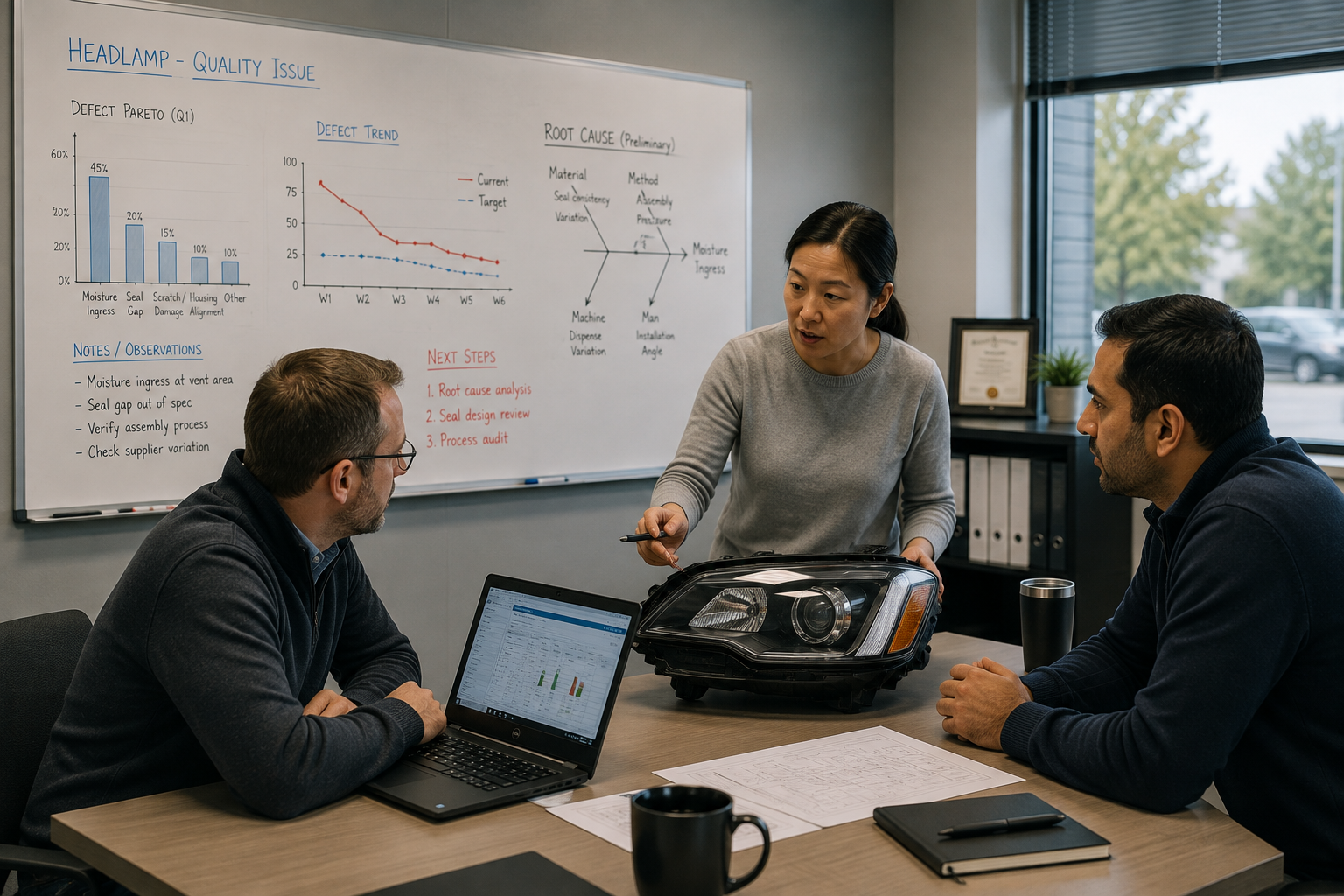 Engineering professionals reviewing an automotive headlamp quality issue during a technical meeting