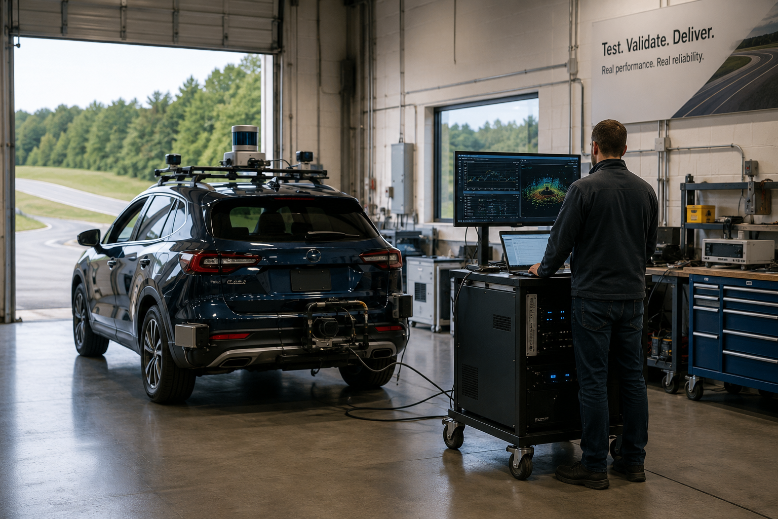 Technology professional monitoring ADAS vehicle test data in an automotive proving-ground workshop