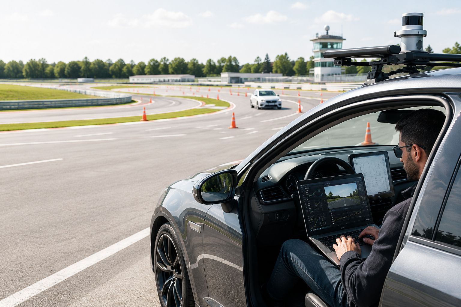 Technology professional reviewing ADAS vehicle test data at an automotive test track