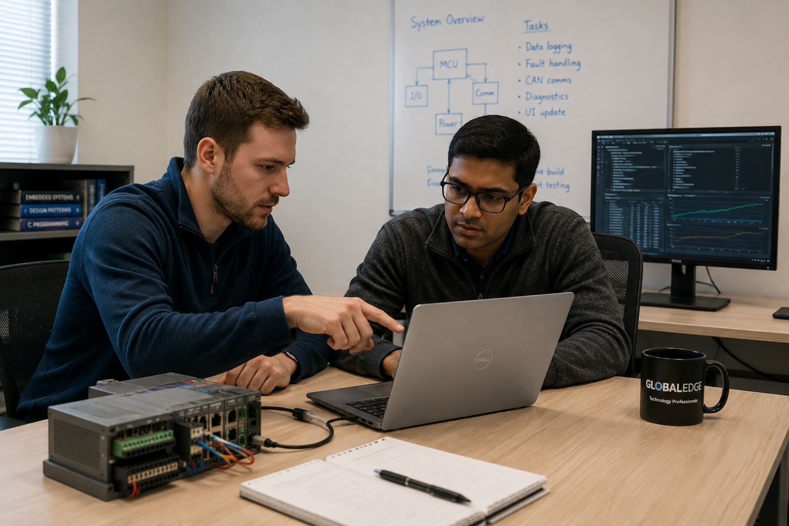 Technology professionals reviewing embedded systems data and control hardware