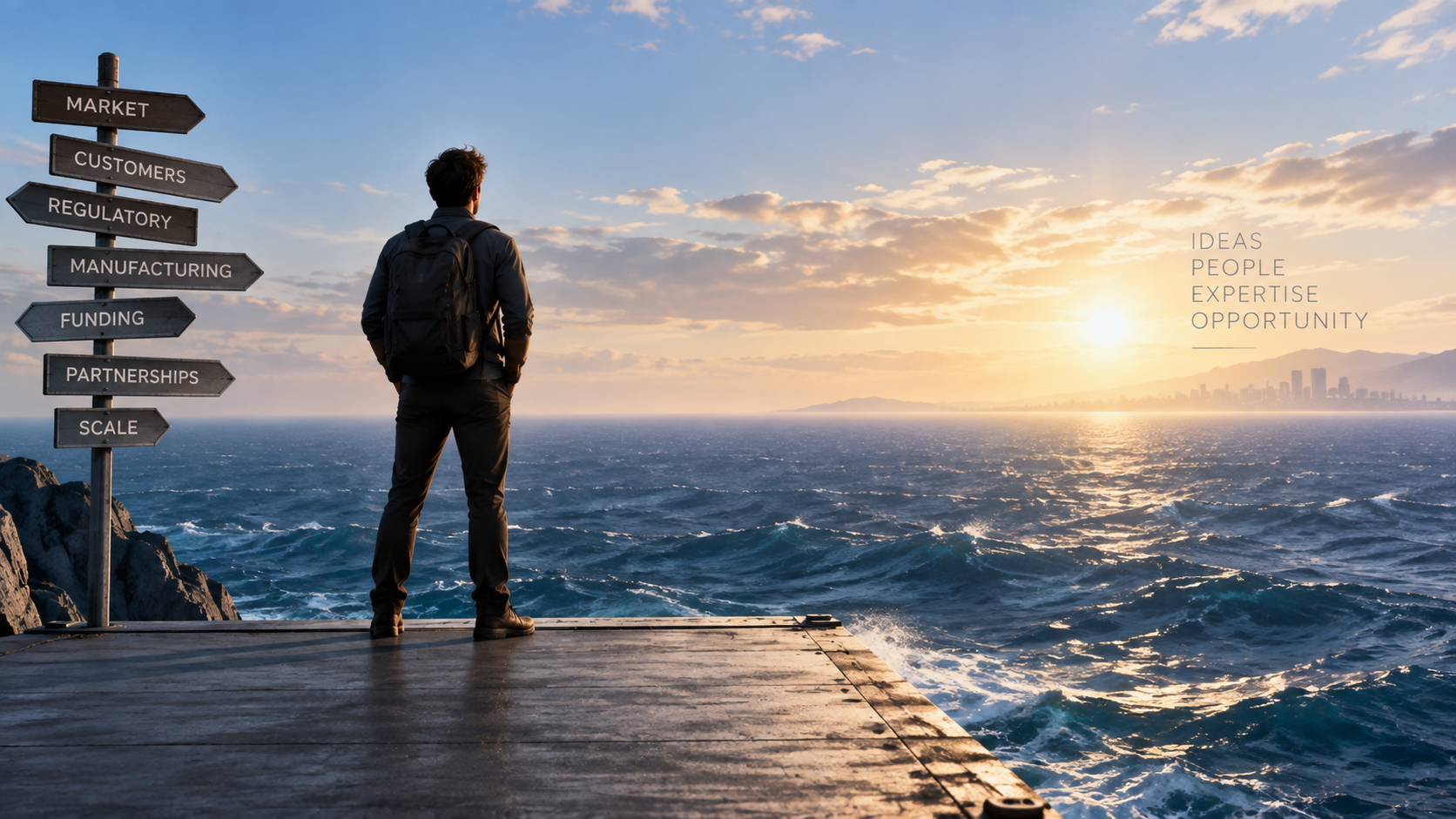 Entrepreneur looking across the ocean thinking its long journey ahead